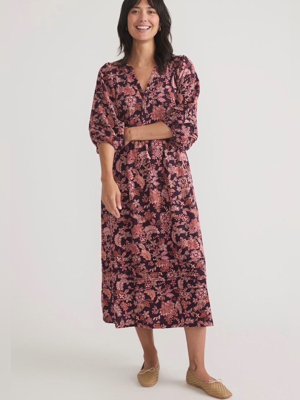 NWT Marine Layer Lola Midi Floral Burgundy Dress Boho Prairie Cottage Small